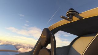 A padded cockpit seat and overhead canopy latch frame a view of the wing, sunlit clouds, and a thin contrail.