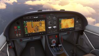 The cockpit features two terrain displays, central analog gauges, dual control sticks, and throttle levers, with sunlit clouds visible ahead.