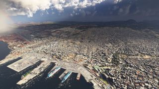 A dense coastal city surrounds a harbor with docked ferries, while an airport runway lies beneath dark clouds near the shoreline.