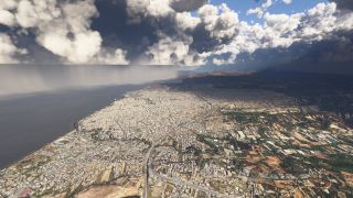 A dense coastal city stretches beneath towering clouds, with highways, a waterfront stadium, harbor breakwaters, and rain curtains offshore.