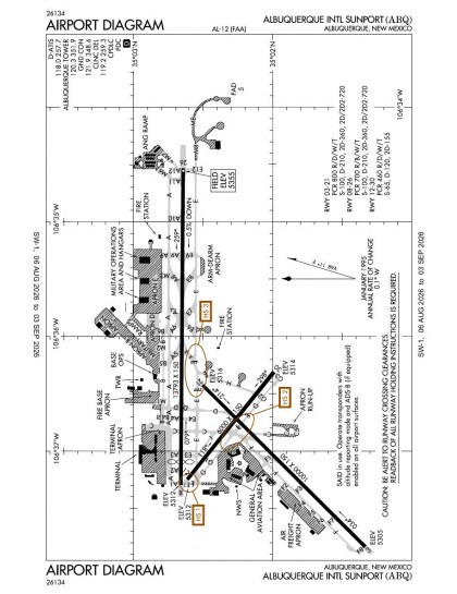 KABQ airport diagram — runways, taxiways and ramp layout