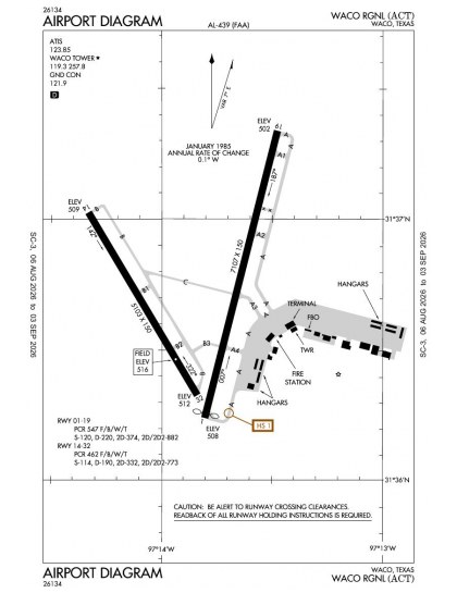 KACT airport diagram — runways, taxiways and ramp layout