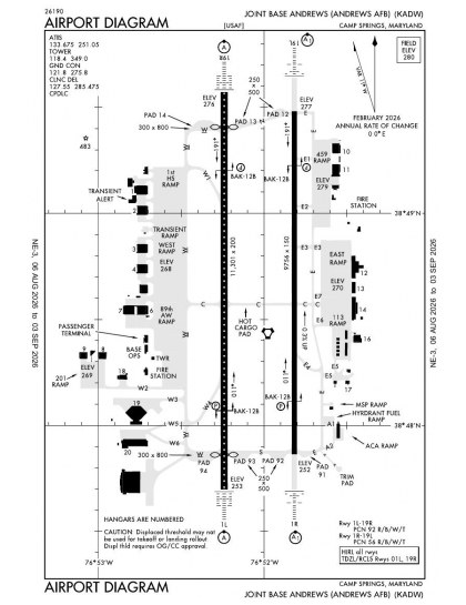 KADW airport diagram — runways, taxiways and ramp layout