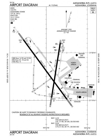 KAEX airport diagram — runways, taxiways and ramp layout
