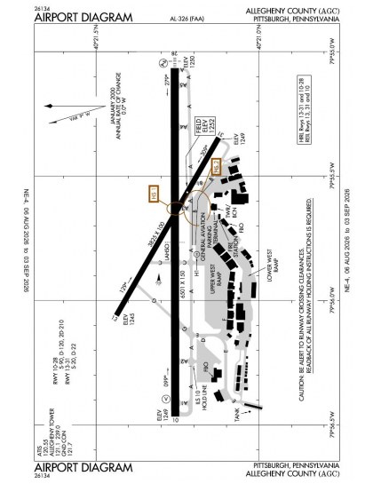 KAGC airport diagram — runways, taxiways and ramp layout