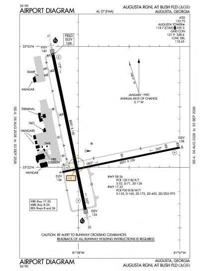 KAGS airport diagram — runways, taxiways and ramp layout