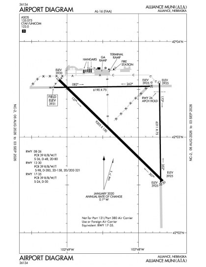 KAIA airport diagram — runways, taxiways and ramp layout