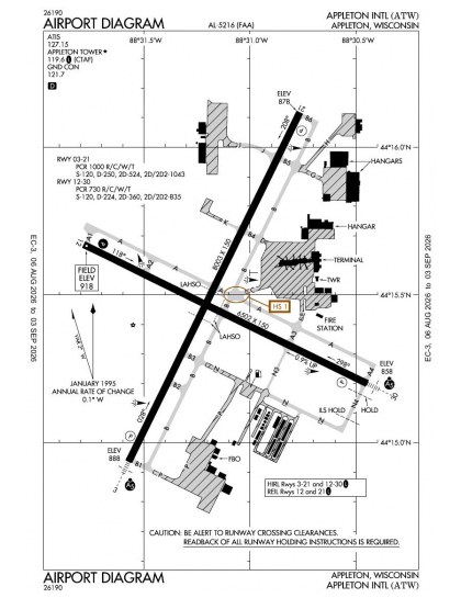 KATW airport diagram — runways, taxiways and ramp layout