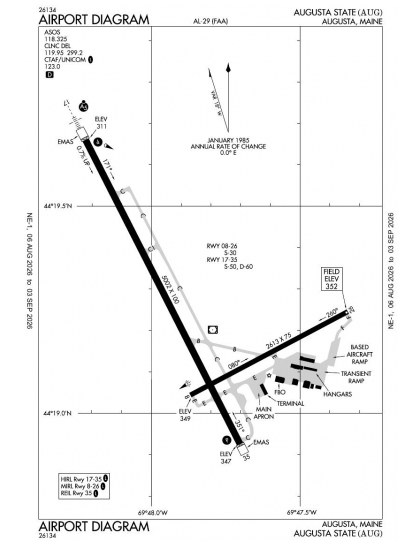 KAUG airport diagram — runways, taxiways and ramp layout