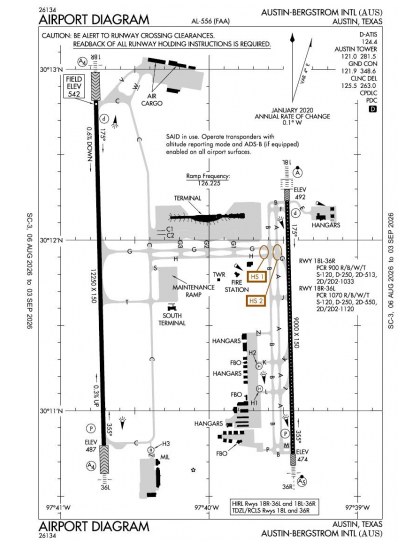 KAUS airport diagram — runways, taxiways and ramp layout
