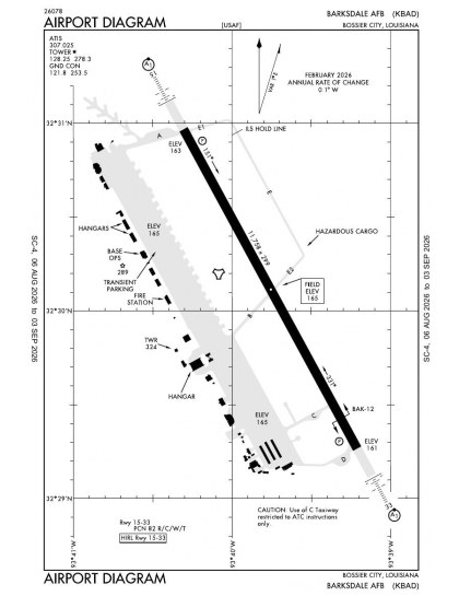 KBAD airport diagram — runways, taxiways and ramp layout