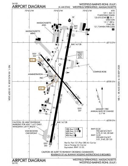 KBAF airport diagram — runways, taxiways and ramp layout