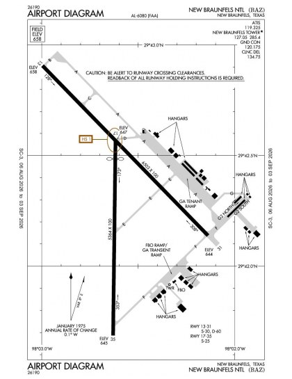 KBAZ airport diagram — runways, taxiways and ramp layout