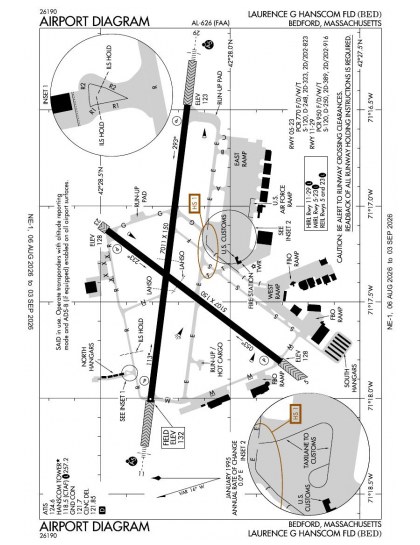 KBED airport diagram — runways, taxiways and ramp layout