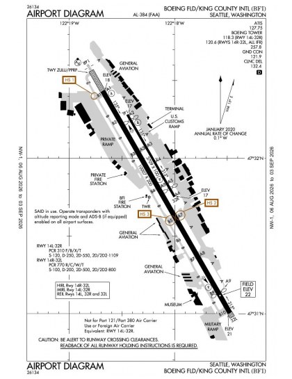 KBFI airport diagram — runways, taxiways and ramp layout
