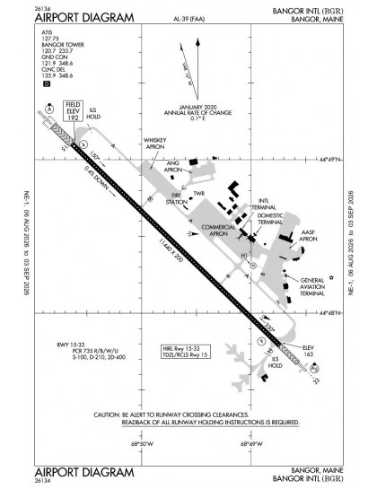 KBGR airport diagram — runways, taxiways and ramp layout