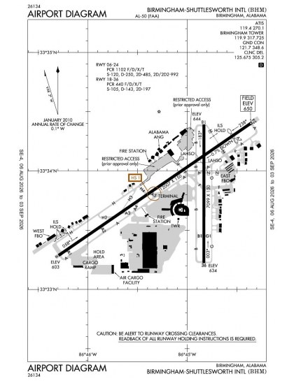 KBHM airport diagram — runways, taxiways and ramp layout