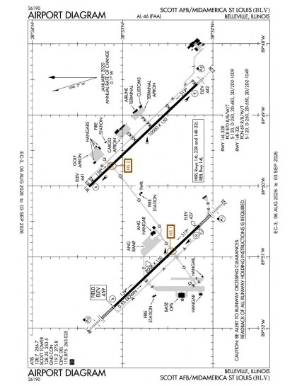 KBLV airport diagram — runways, taxiways and ramp layout