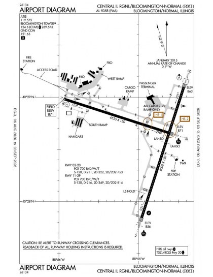 KBMI airport diagram — runways, taxiways and ramp layout