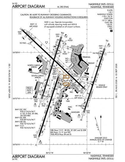 KBNA airport diagram — runways, taxiways and ramp layout