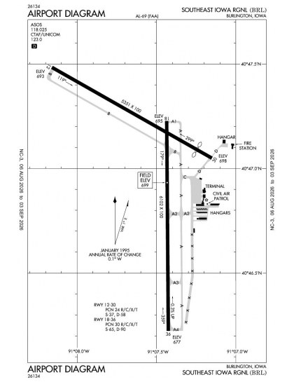 KBRL airport diagram — runways, taxiways and ramp layout