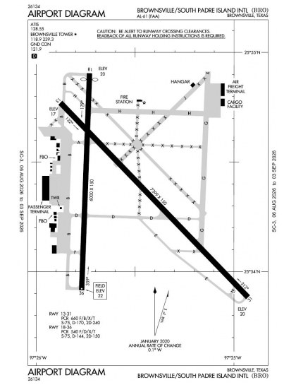 KBRO airport diagram — runways, taxiways and ramp layout