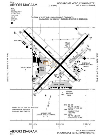KBTR airport diagram — runways, taxiways and ramp layout