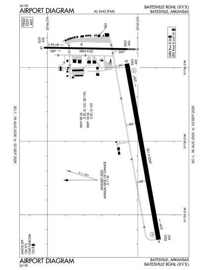 KBVX airport diagram — runways, taxiways and ramp layout