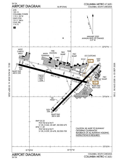 KCAE airport diagram — runways, taxiways and ramp layout