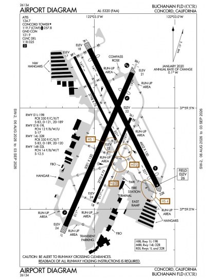 KCCR airport diagram — runways, taxiways and ramp layout