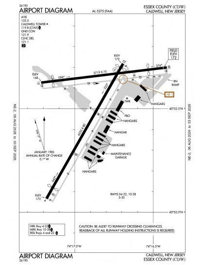 KCDW airport diagram — runways, taxiways and ramp layout