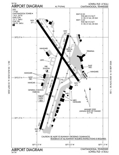 KCHA airport diagram — runways, taxiways and ramp layout