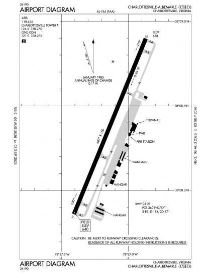 KCHO airport diagram — runways, taxiways and ramp layout