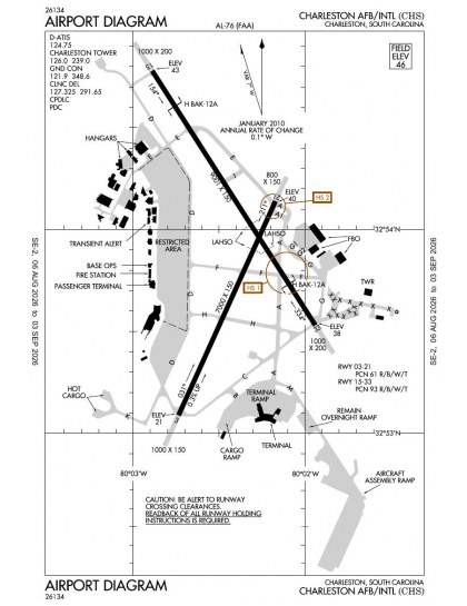 KCHS airport diagram — runways, taxiways and ramp layout