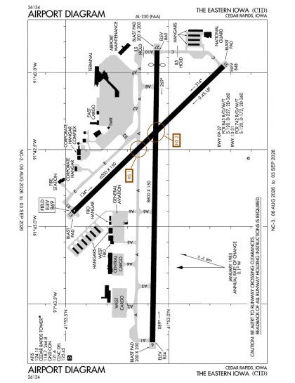 KCID airport diagram — runways, taxiways and ramp layout