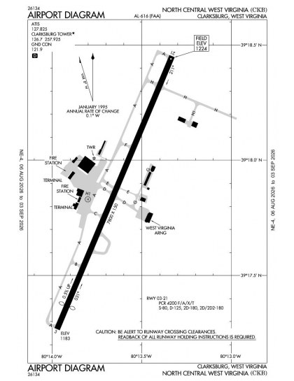 KCKB airport diagram — runways, taxiways and ramp layout