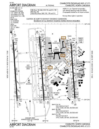 KCLT airport diagram — runways, taxiways and ramp layout
