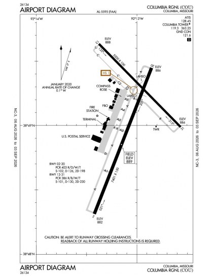 KCOU airport diagram — runways, taxiways and ramp layout
