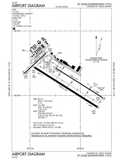 KCPS airport diagram — runways, taxiways and ramp layout