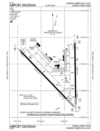 KCRP airport diagram — runways, taxiways and ramp layout