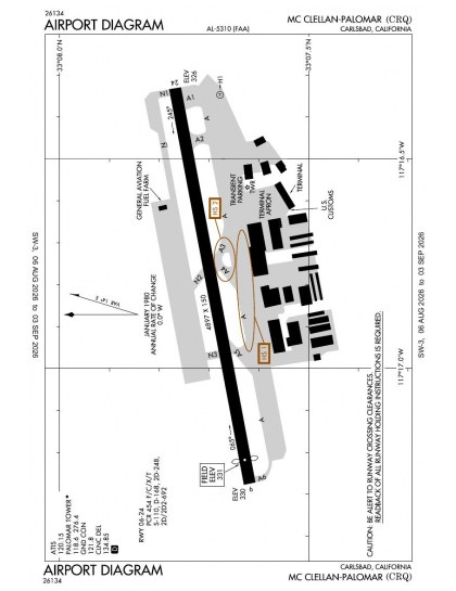 KCRQ airport diagram — runways, taxiways and ramp layout