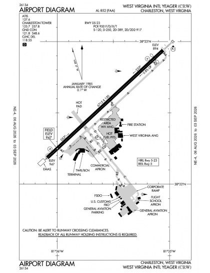 KCRW airport diagram — runways, taxiways and ramp layout