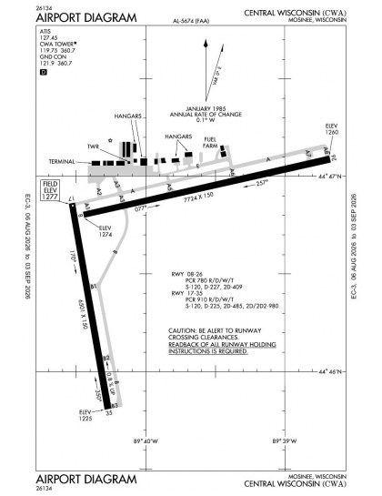 KCWA airport diagram — runways, taxiways and ramp layout