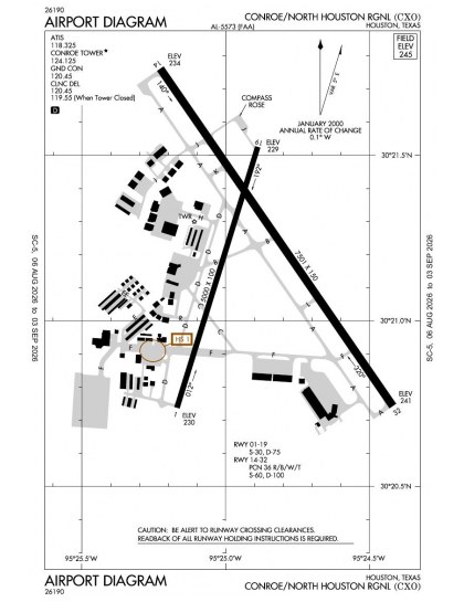 KCXO airport diagram — runways, taxiways and ramp layout