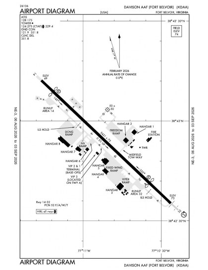 KDAA airport diagram — runways, taxiways and ramp layout