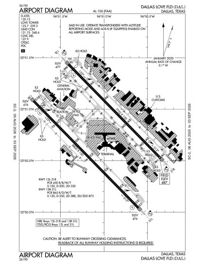 KDAL airport diagram — runways, taxiways and ramp layout