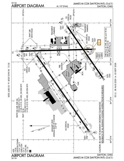 KDAY airport diagram — runways, taxiways and ramp layout