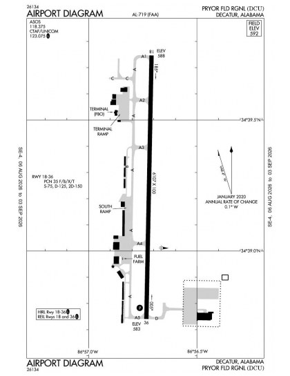 KDCU airport diagram — runways, taxiways and ramp layout