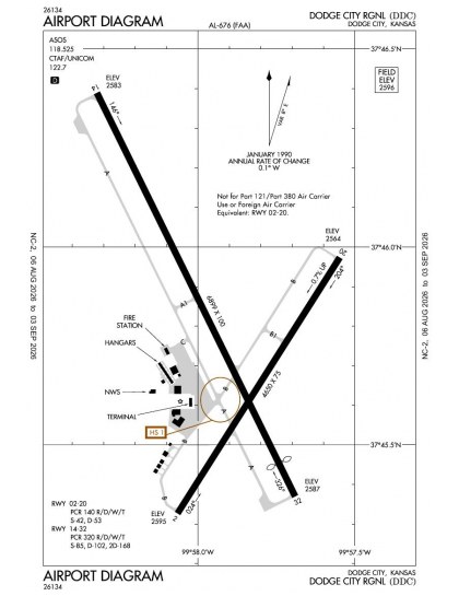 KDDC airport diagram — runways, taxiways and ramp layout