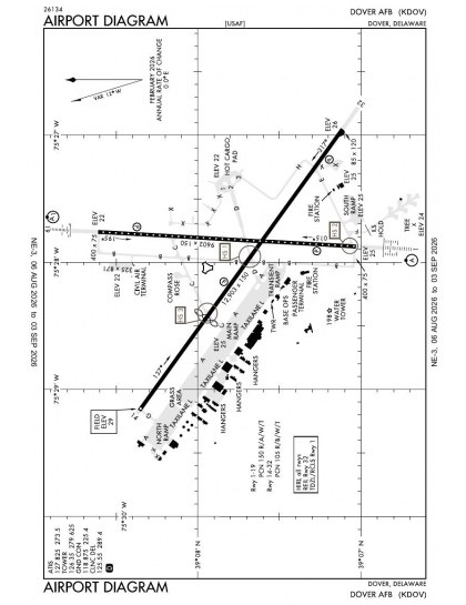 KDOV airport diagram — runways, taxiways and ramp layout